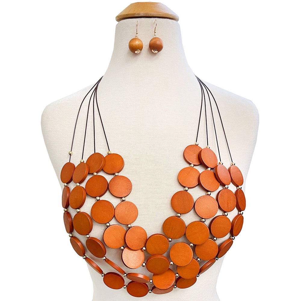 Brown Wood Geometric Abstract Statement Necklace Set